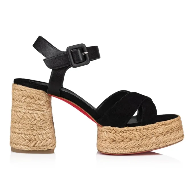 Calakala – espadryle na obcasie 85 mm – zamsz i skóra cielęca – czarne – damskie