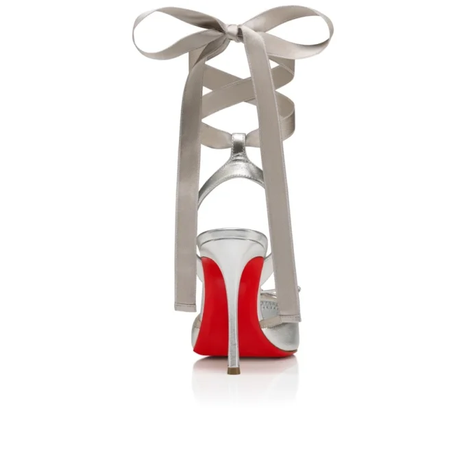 Cassia Lace up – czółenka na paskach o wysokości 100 mm – laminowana skóra jagnięca nappa – srebrne – damskie Cassia Lace up – czółenka na paskach o wysokości 100 mm – laminowana skóra jagnięca nappa – srebrne – damskie