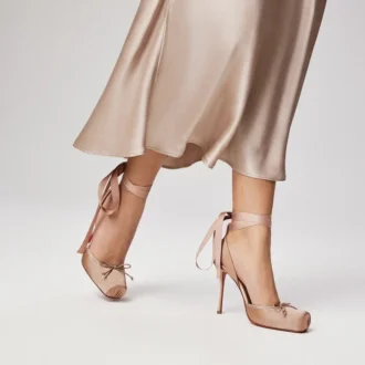 Cassia Lace up – czółenka na paskach o wysokości 100 mm – satyna krepowa – Nude 2 – damskie Cassia Lace up – czółenka na paskach o wysokości 100 mm – satyna krepowa – Nude 2 – damskie