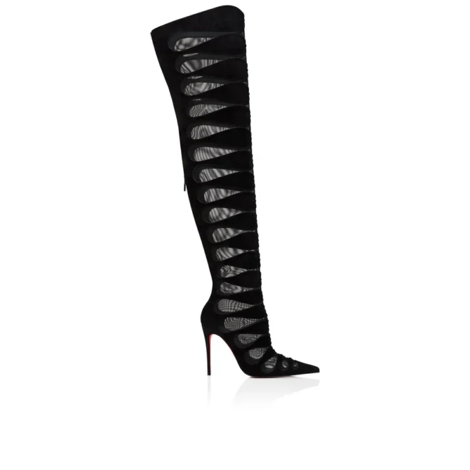 Circus Max Botta Alta – buty na obcasie 100 mm – zamsz cielęcy, siatka i skóra koźlęca – czarne – damskie Circus Max Botta Alta – buty na obcasie 100 mm – zamsz cielęcy, siatka i skóra koźlęca – czarne – damskie