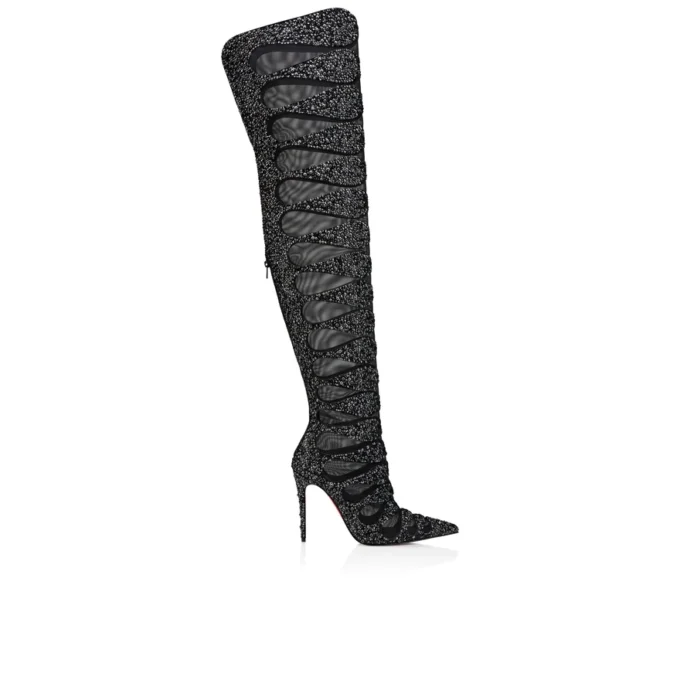 Circus Max Perla Botta Alta – kozaki do połowy uda o wysokości 100 mm – zamsz, siatka i cyrkonie – czarne – damskie Christian Louboutin Stany Zjednoczone Circus Max Perla Botta Alta – kozaki do połowy uda o wysokości 100 mm – zamsz, siatka i cyrkonie – czarne – damskie Christian Louboutin Stany Zjednoczone