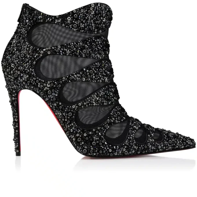 Circus Max Perla – niskie buty na obcasie 100 mm – zamsz, siateczka i cyrkonie – czarne – damskie Circus Max Perla – niskie buty na obcasie 100 mm – zamsz, siateczka i cyrkonie – czarne – damskie