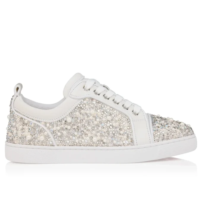 Louiseperla – Sneakersy – satyna krepowa, skóra cielęca, cyrkonie i perełki – białe – damskie Louiseperla – Sneakersy – satyna krepowa, skóra cielęca, cyrkonie i perełki – białe – damskie