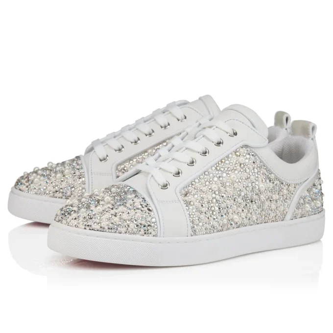 Louperla Jr – Sneakersy – satyna krepowa, skóra cielęca, cyrkonie i perełki – białe – męskie Louperla Jr – Sneakersy – satyna krepowa, skóra cielęca, cyrkonie i perełki – białe – męskie