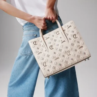 Paloma Medium – torebka z uchwytem na górze – ziarnista skóra cielęca i kolce w stylu Louboutin – Leche