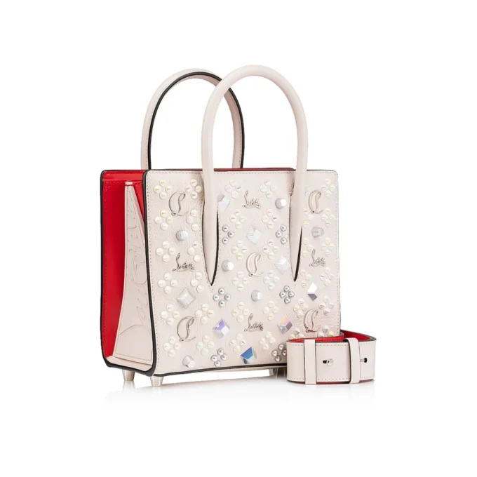 Paloma Mini – torebka z rączką na górze – ziarnista skóra cielęca i kolce Loubinthesky – Leche Paloma Mini – torebka z rączką na górze – ziarnista skóra cielęca i kolce Loubinthesky – Leche